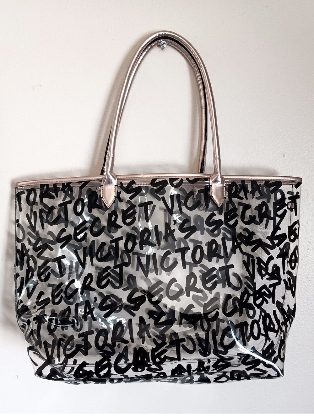 🖤 Victoria's Secret Clear Graffiti Logo Tote Bag Rose Gold VS Transparent Purse